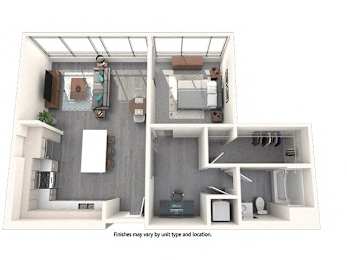 A 3D floor plan of a house with a kitchen, living room, and bathroom.