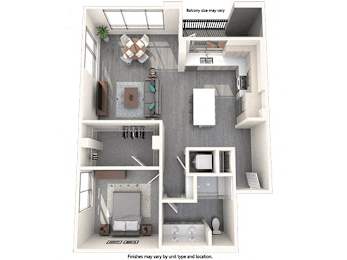 A floor plan of a small apartment with a kitchen, living room, and bathroom.
