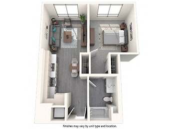 A 3D floor plan of a house with a kitchen, living room, and two bedrooms.