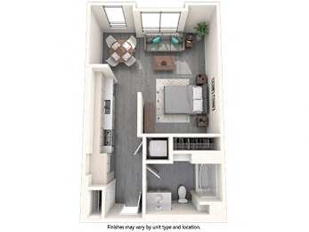 A floor plan of a small apartment with a kitchen, living room, and bathroom.