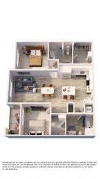 A 3D rendered image of a house layout.