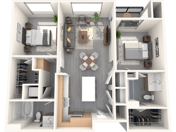 a 3d rendering of a floor plan with a bedroom and a living room