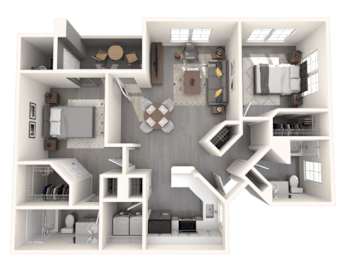 A 3D floor plan of a house with various rooms and furniture.