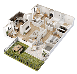 A 3D rendered image of a modern house interior.