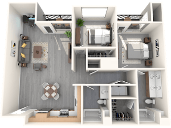 A 3D floor plan of a house with a kitchen, living room, and bedrooms.