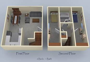 2 Bedroom 1 Bathroom Townhouse Floorplan at I Street Apartments, Davis, CA