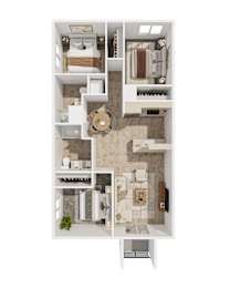A top-down view of a small apartment with a kitchen, living room, and bathroom at Creekview Homes, Chico, CA, 95928
