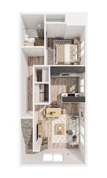 One bedroom 1 bath 3D floorplan at OSM Properties Homes & Apartments, Chico, CA 95926
