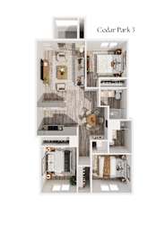 3D floorplan with open living space and bedrooms at Cedar Park Apartments, Chico, 95926