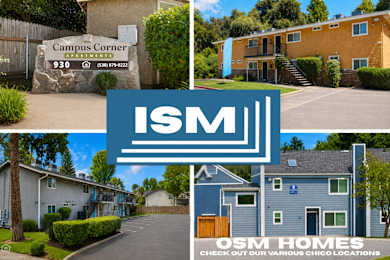 Collage of apartment buildings and company logo at OSM Properties Homes & Apartments, California