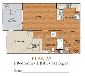 A 2 bedroom apartment with a living area, kitchen, and bathroom.