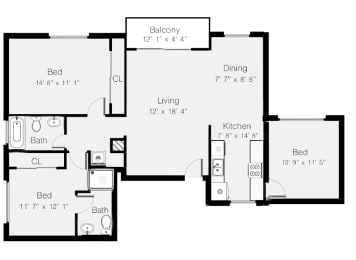  Floor Plan 3 Bedroom 2 Bath