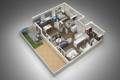 A 3D rendered image of a house layout.