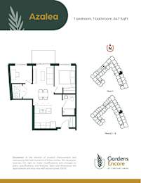 A floor plan for a one bedroom, one bathroom apartment at Gardens Encore at Century Park.