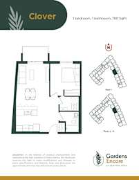 A floor plan for a property called Clover shows a 1 bedroom, 1 bathroom apartment of 700 SqFt.