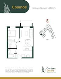 A floor plan for a property called Cosmos, which has 1 bedroom and 1 bathroom, is shown.