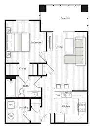A floor plan of a small apartment with a balcony, two bedrooms, a living room, a kitchen, a bathroom, a laundry room, and a closet.
