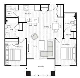 A floor plan of a house with a laundry room, kitchen, dining room, living room, two bedrooms, a bathroom, and a balcony.