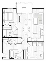A floor plan of a house with a balcony, two bathrooms, a laundry room, a kitchen, and a den.