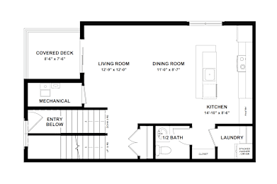 A floor plan of a house with a covered deck, living room, dining room, kitchen, bathroom, and laundry.