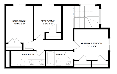 A black and white image of a floor plan for a home with two bedrooms, a full bath, and an ensuite.
