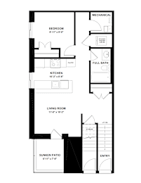 A floor plan of a home with a living room, kitchen, bedroom, and bathroom.