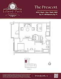 A floor plan for a residence at Leland Park shows a bedroom, bathroom, living room, and kitchen.