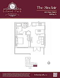 A floor plan for a one bedroom, one bathroom apartment at Leland Park Residences.