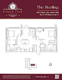 A floor plan for a residence at Leland Park shows a 2 bedroom, 2 bathroom apartment.