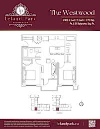 A floor plan for a residence at Leland Park shows two bedrooms, two bathrooms, and a balcony.