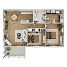 A top-down view of a small apartment with a kitchen, living room, and bathroom.