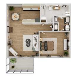 A top-down view of a modern apartment with a kitchen, living room, and bathroom.