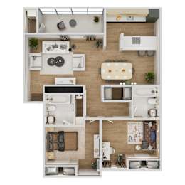 A floor plan of a modern apartment with a kitchen, living room, and bathroom.