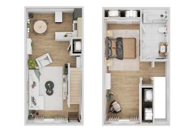 A top down view of a small apartment with a living room and bedroom.