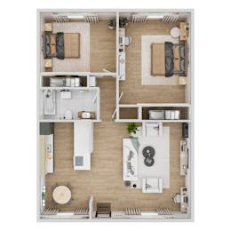 A top-down view of a small apartment with a kitchen, living room, and bathroom.