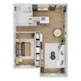 A top-down view of a small apartment with a kitchen, living room, and bedroom.