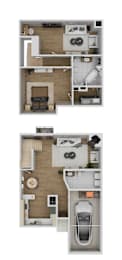 A floor plan of a two-story apartment with a living room, kitchen, and bedrooms.