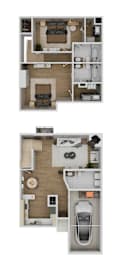 Two images of a house layout with a kitchen, living room, and bathroom.