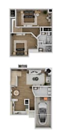 Two images of a house plan with a kitchen, living room, and bathroom.