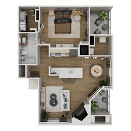 A top-down view of a small apartment with a kitchen, living room, and bathroom.