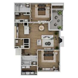 A top-down view of a modern apartment layout with a kitchen, living room, and bedrooms.
