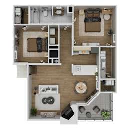 A top-down view of a small apartment with a kitchen, living room, and bedroom.