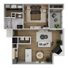 A top-down view of a small apartment with a bedroom, living room, and kitchen.