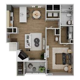 A top-down view of a small apartment with a kitchen, living room, and bathroom.