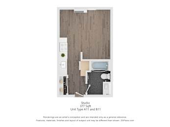 A 3D floor plan of a studio apartment with a kitchenette and a bed.