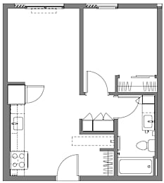 A floor plan of a house with a kitchen, living room, and bathroom.