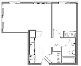 A floor plan of a building with a kitchen, living room, and bathroom.