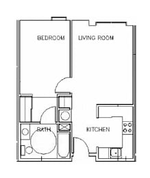 A floor plan of a small apartment with a bedroom, living room, kitchen, and bathroom.