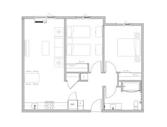 A floor plan of a house with a kitchen, living room, and bathroom.