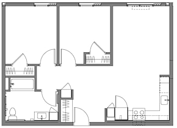 A black and white architectural floor plan with various rooms and structures.